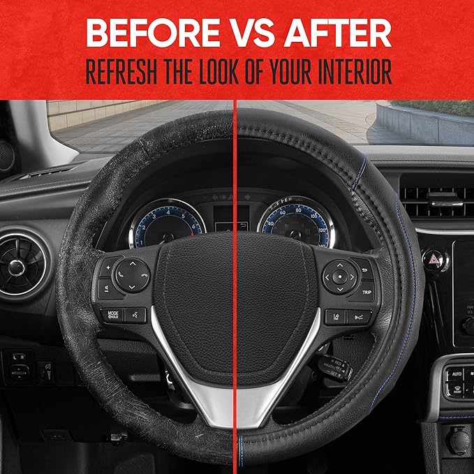 Motor Trend GripDrive Faux Black Leather Steering Wheel Cover for Car Truck Van SUV, Standard 15 inch Size, Blue Accent Stitched Car Steering Wheel Cover Vehicle & Auto Accessories