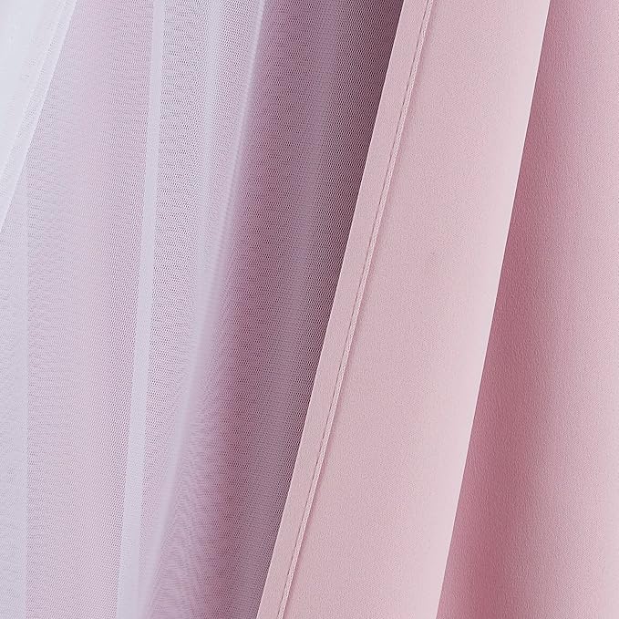 Bujasso Pink Blackout Curtains with Sheer Overlay Mix and Match Double Layer 80% Room Darkening Window Treatment Set for Girls Bedroom Living Room Pink Drapes with Tiebacks Grommet Top 37" Wx63 Lx2
