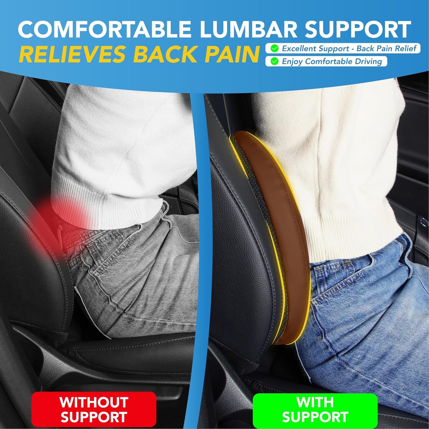 Lumbar Support Pillow for Car, Memory Foam Lumbar Pillow for Lower Back Pain Relief - Back Cushion for Driving, Chair Support for Car-Office Chair, Wheelchair - Classic Brown