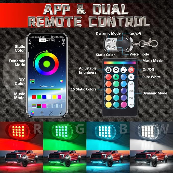 4 Pods RGBW LED Rock Lights for UTV ATV Golf Cart RZR SXS Truck Jeeps Off Road, Waterproof Multicolor Neon Underglow Kit with APP/RF Remote Control&Brake Red Function,12V Pure White Underbody Lights