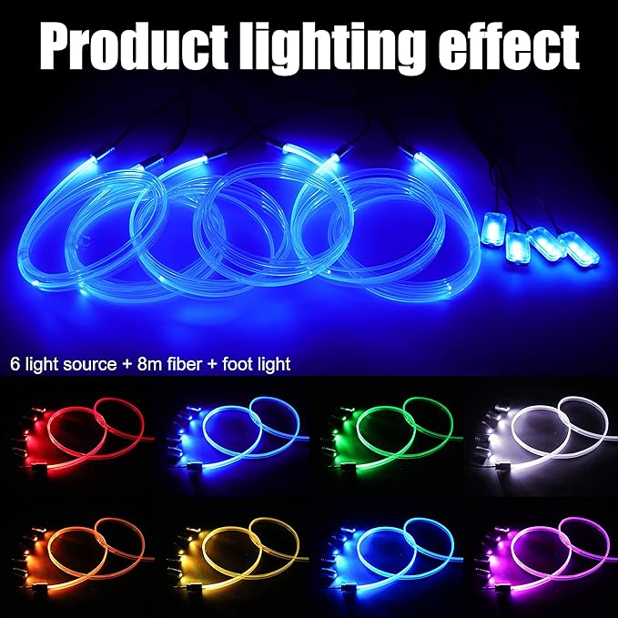 Car Atmosphere Light Kit 8m Fiber Optic Multicolor Sound Active Music Sync Memory Function RF Remote Controller Control 64 Colors USB Car Interior Footwell Ambient Lighting Kit