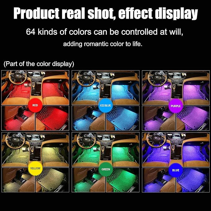 RGB Car Footwell Ambient Lighting Kit 16.7 Millions Colors Sound Active Music Sync APP Control + RF Remote Controller Cigarette Lighter Car Interior Multicolored Footwell Atmosphere Light