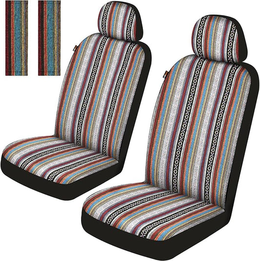 Baja Saddle Blanket Car Seat Covers Front Set with Seat Belt Pads, Washable Breathable Striped Woven Cloth Seat Covers for Cars, SUV, Truck, Airbag Compatible(Red)