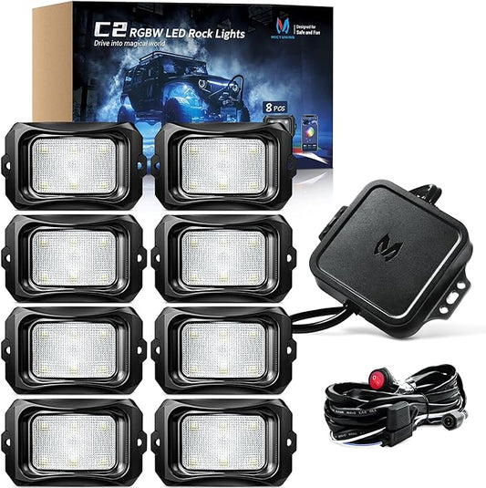 MICTUNING C2 Curved RGBW LED Rock Lights - 8 Pods Underglow Multicolor Neon Light with Wiring Switch Kit, Bluetooth Controller with APP Control
